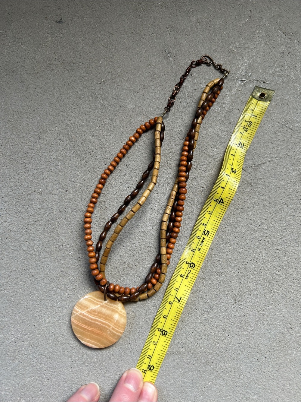 Natural Wood Multi-Strand Necklace with Round Pendant - Brown